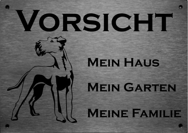 Edelstahl Warnschild Irish Terrier VORSICHT Mein Haus mein Garten meine Familie